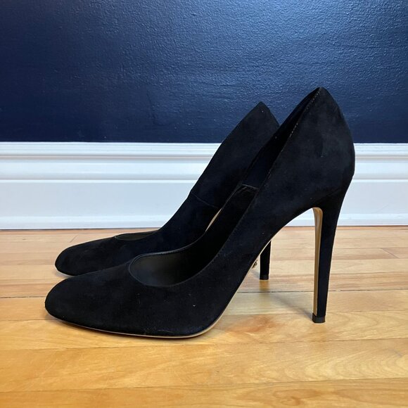 Diane von Furstenburg black suede almond toe stiletto heels size 10B - Picture 5 of 11